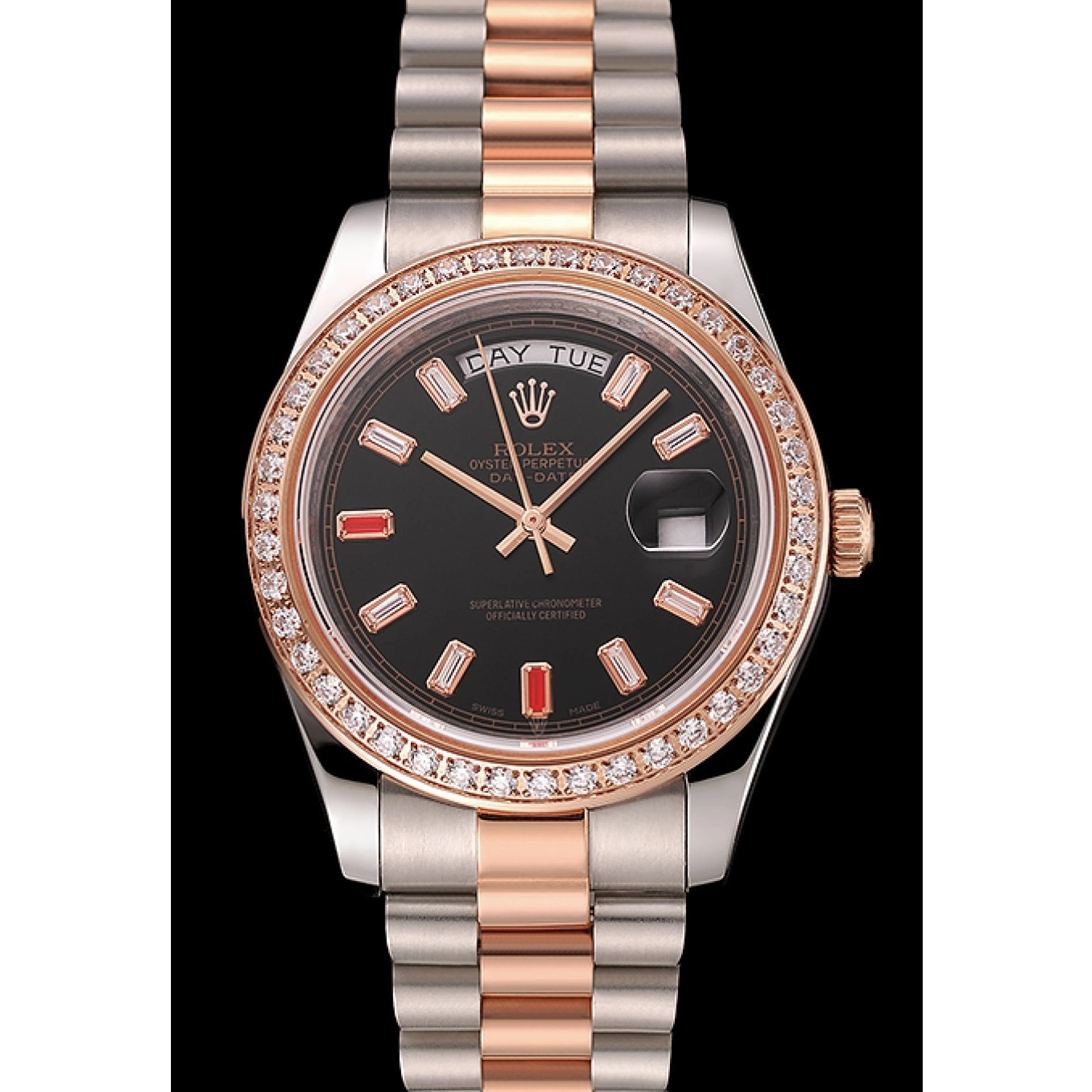 Aaa replica watch 1454106 Rolex Gold Dial And Black Day-Date Rubies Diamonds Swiss Staineless And Rose Steel Bracelet 0629